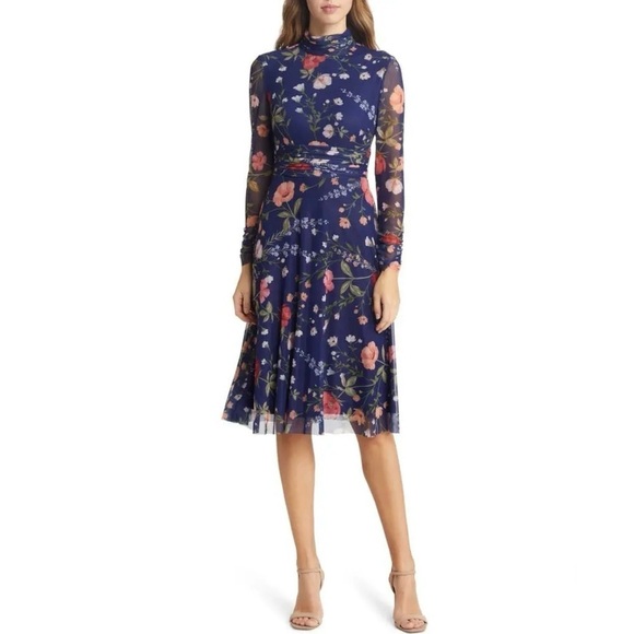 ELIZA J Floral Mock Neck Long Sleeve Sheer Long Sleeve Mesh Midi Dress EJ3-0479 - Picture 1 of 13